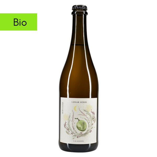 Bio Lunar Herbs Leon Gold – alkoholfreies fermentiertes Kräutergetränk in 0,75l Glasflasche mit hellem Natur-Etikett, freigestellt auf Weiß.