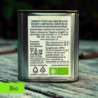 Bio Zitronen Oliven&ouml;l Maremmasapori &ndash; 100 ml Kanister, R&uuml;ckseite mit Inhaltsstoffen, N&auml;hrwertangaben und Bio-Siegel, kaltgepresstes Oliven&ouml;l mit Zitronen.
